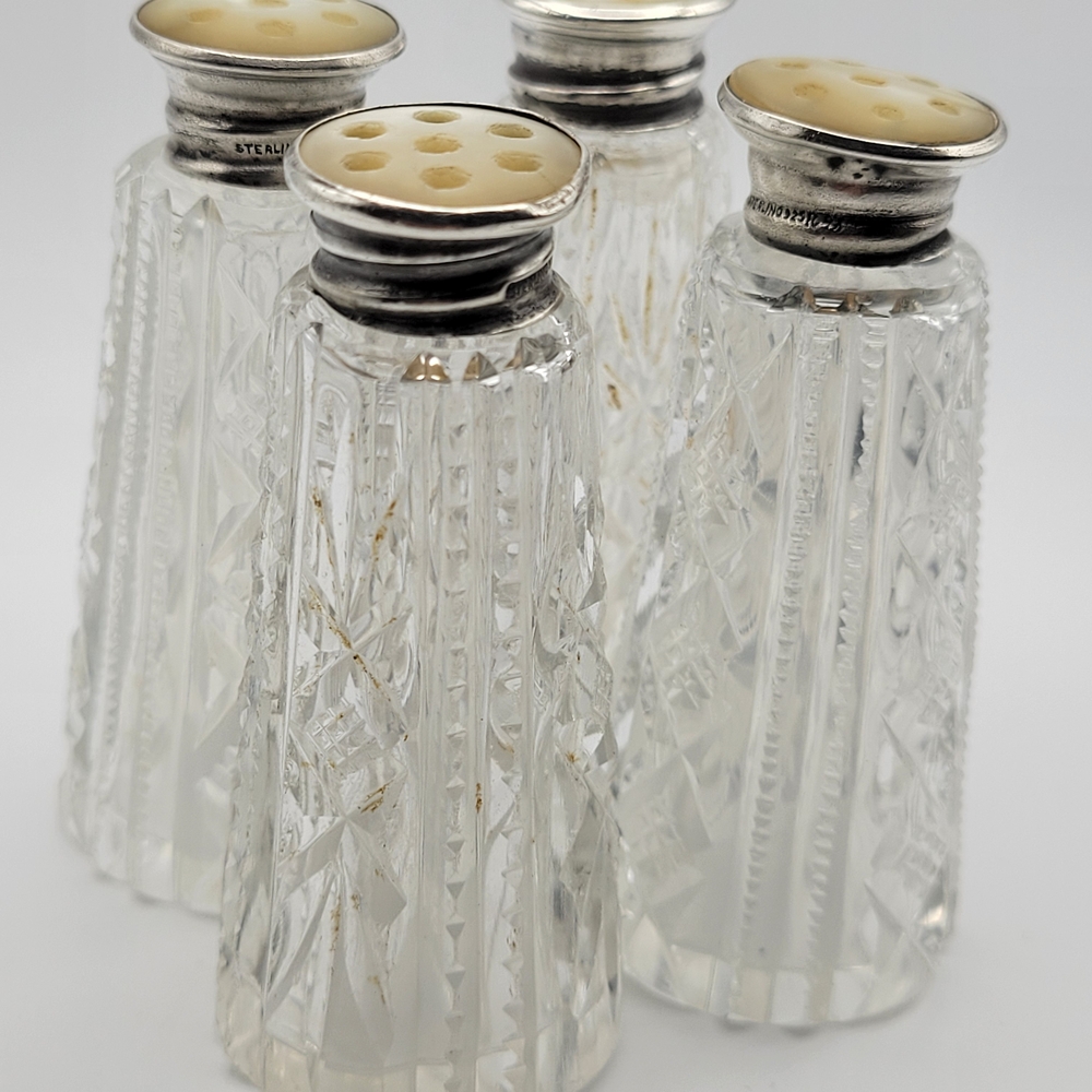 Vintage MCM Crystal Salt and Pepper Shakers Sterling Silver Caps Mother of Pearl - Picture 8 of 10